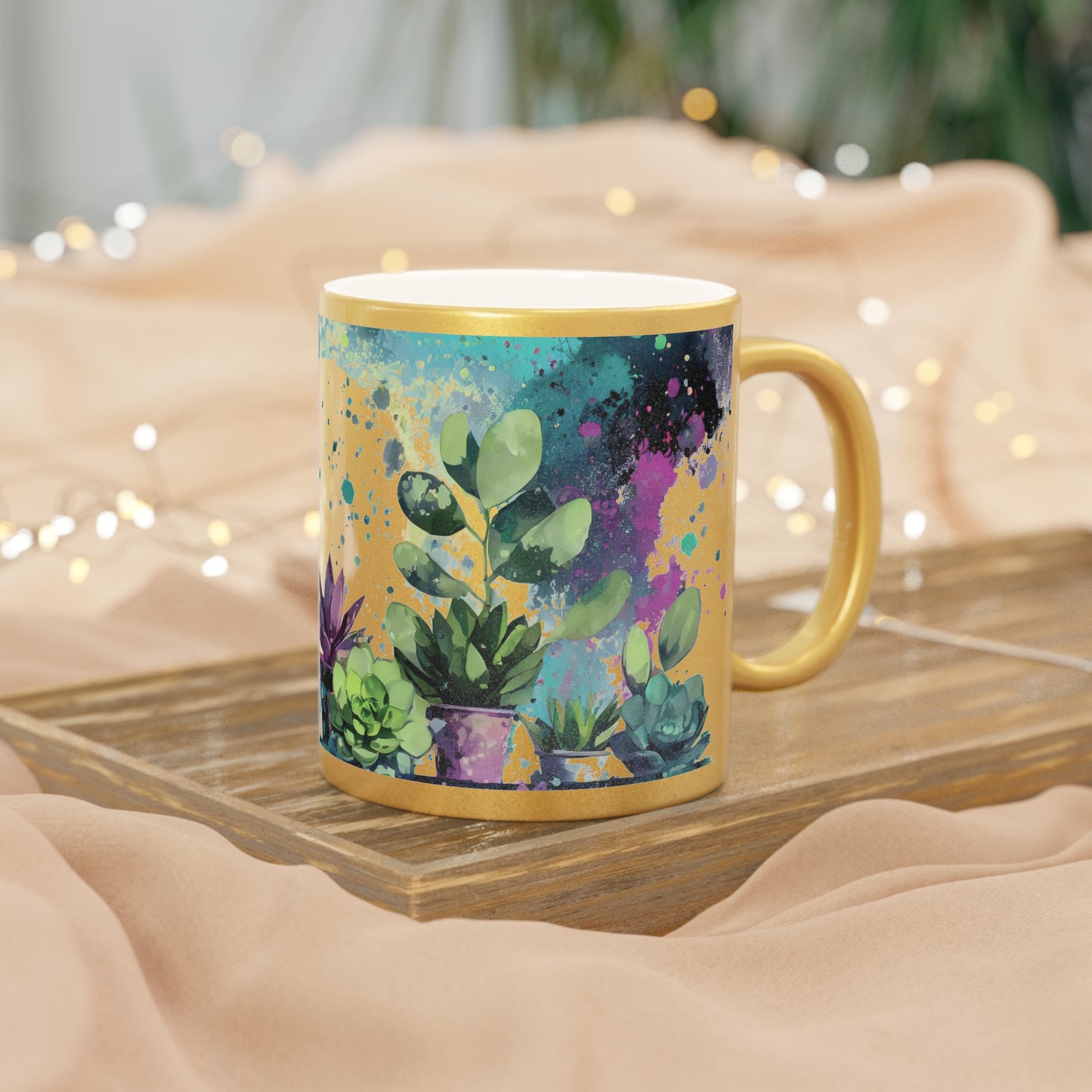 Paint Splatter Art Plants in Moonlight Metallic Mug 11oz Silver or Gold