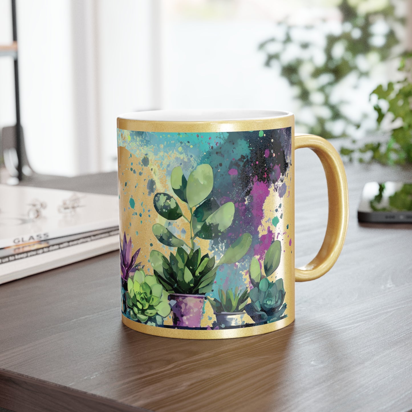 Paint Splatter Art Plants in Moonlight Metallic Mug 11oz Silver or Gold