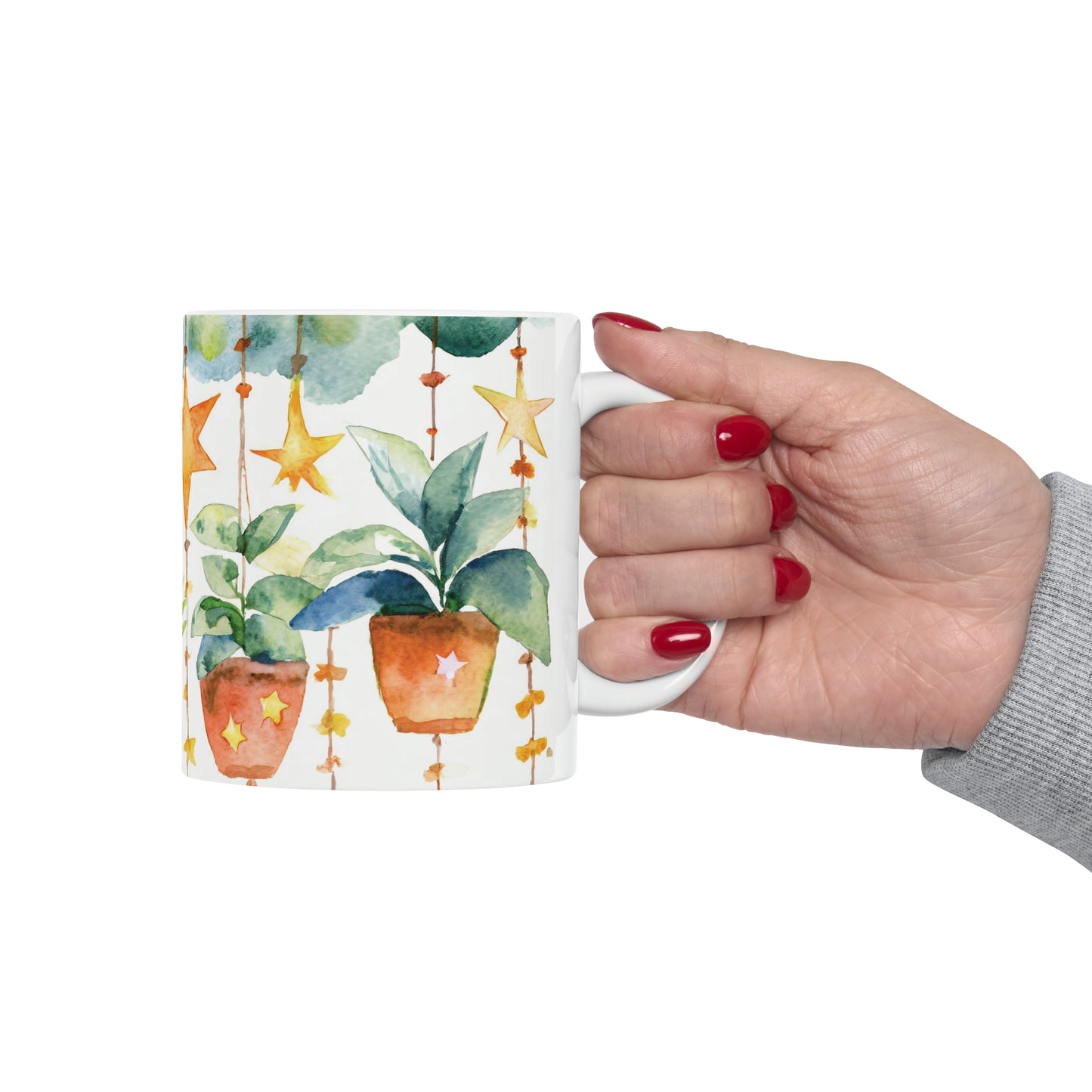 Hanging Plants and Stars Watercolor Ceramic Mug, 11oz