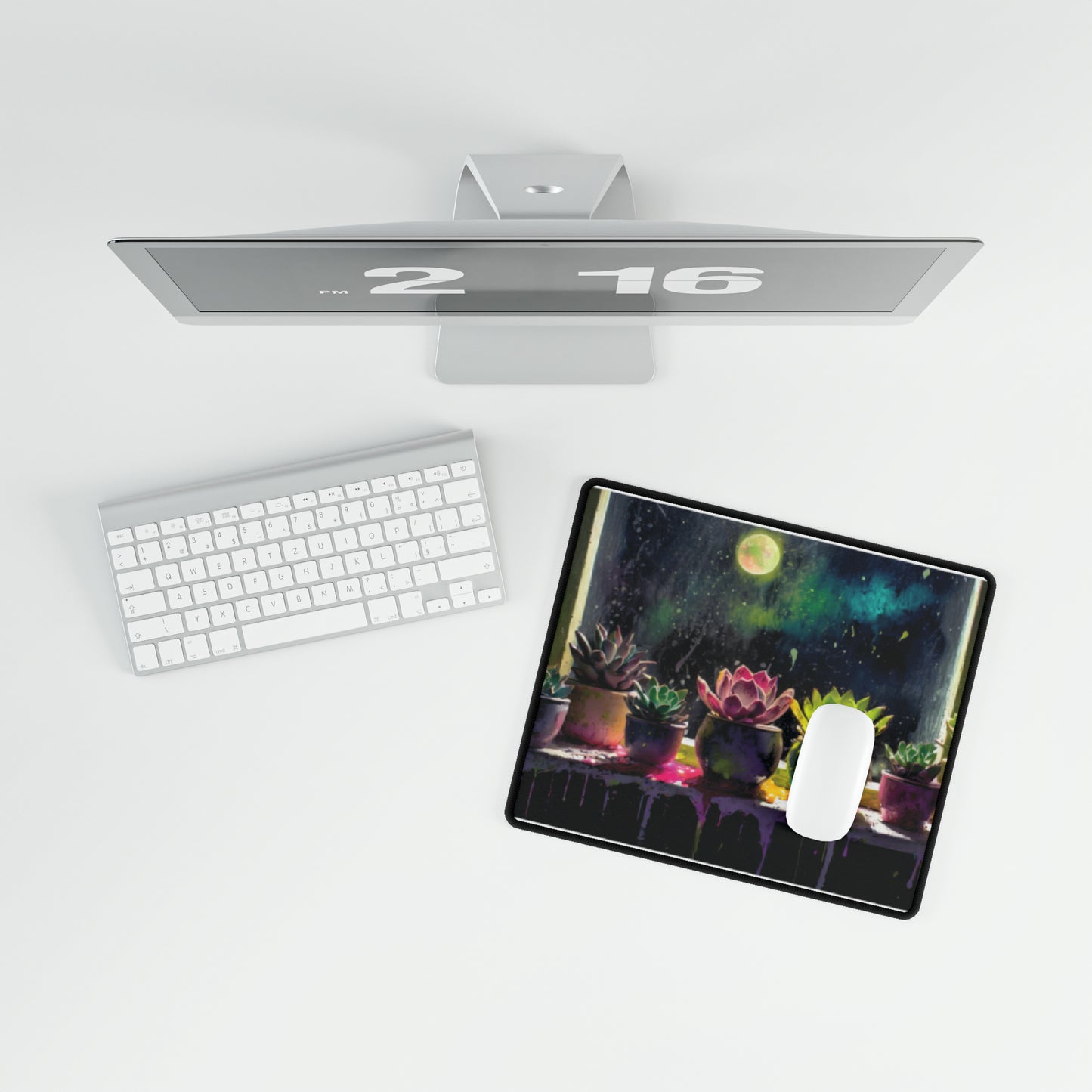 Succulents in Moonlight on Rainy Night Mouse Pad