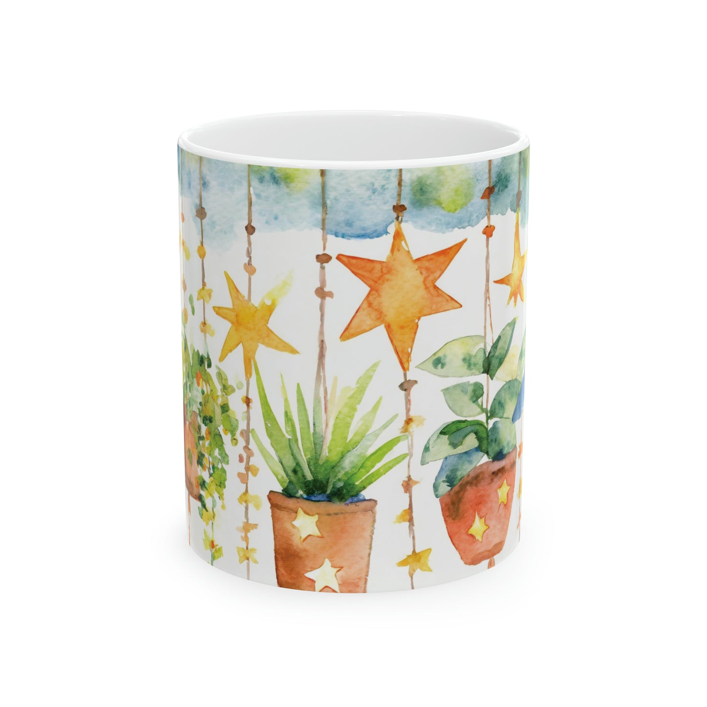Hanging Plants and Stars Watercolor Ceramic Mug, 11oz