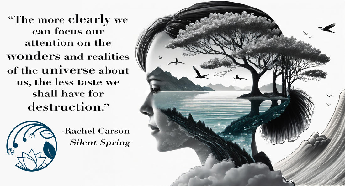 A profile of a woman with the imagery of water, mountains, trees and birds filling her mind, clouds around her, and the famous quote from Rachel Carson's Silent Spring.
