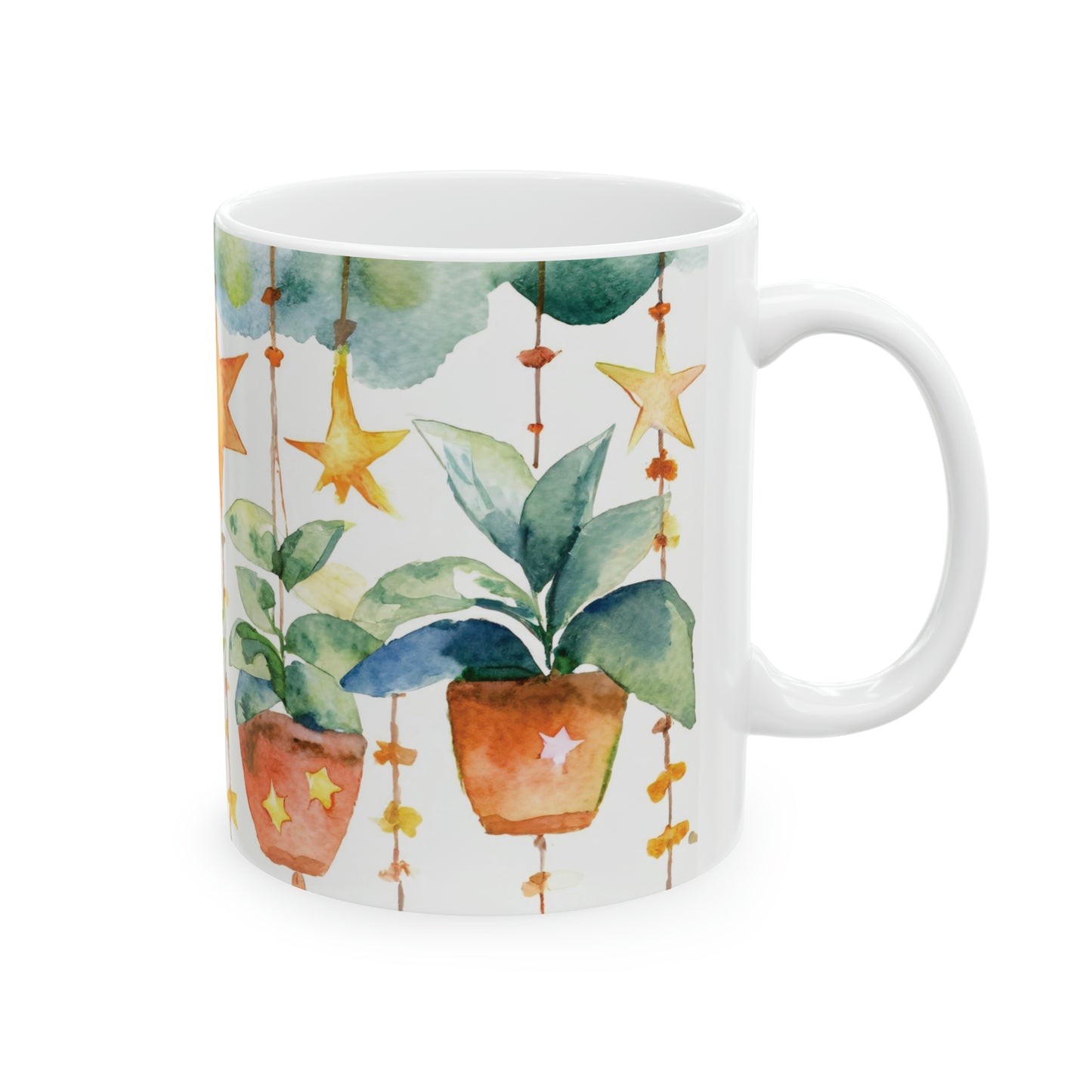 Hanging Plants and Stars Watercolor Ceramic Mug, 11oz