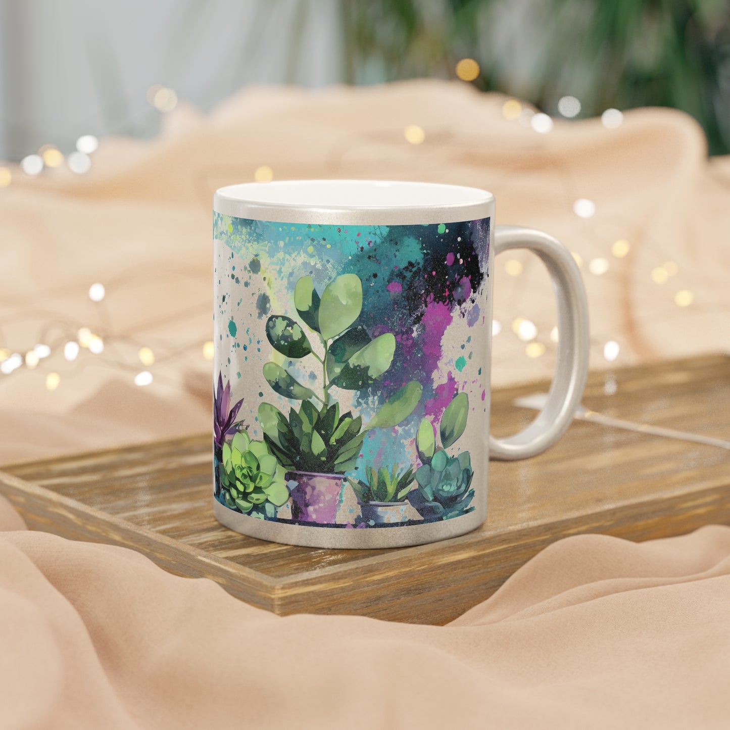 Paint Splatter Art Plants in Moonlight Metallic Mug 11oz Silver or Gold