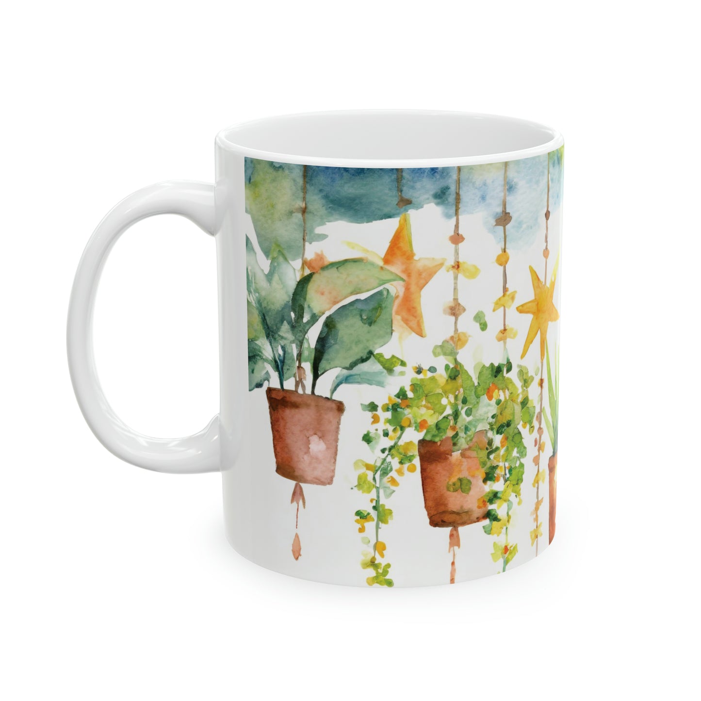 Hanging Plants and Stars Watercolor Ceramic Mug, 11oz