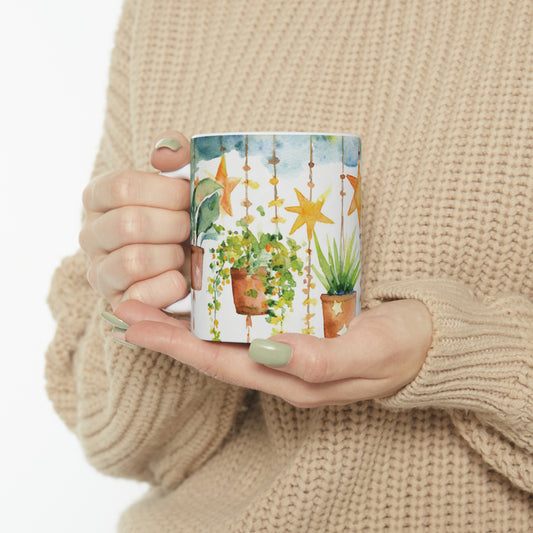 Hanging Plants and Stars Watercolor Ceramic Mug, 11oz