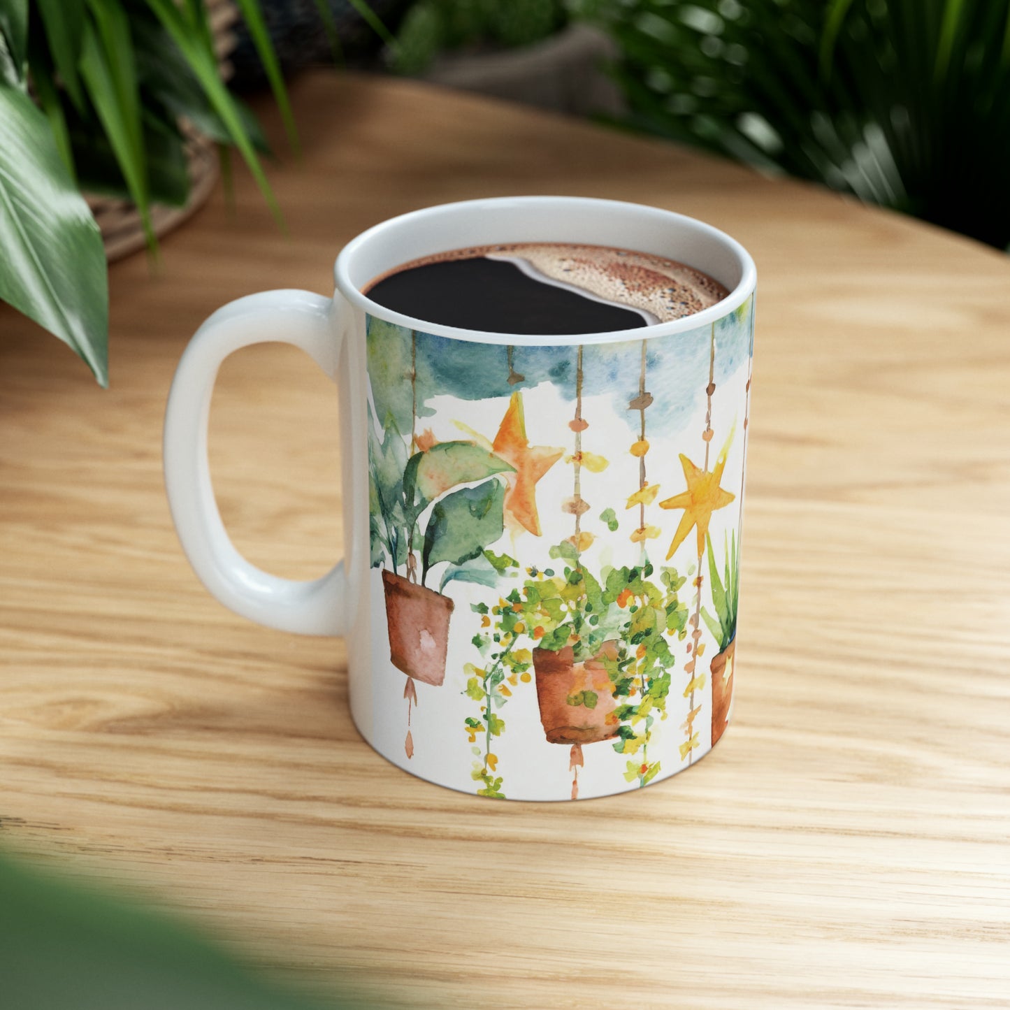 Hanging Plants and Stars Watercolor Ceramic Mug, 11oz