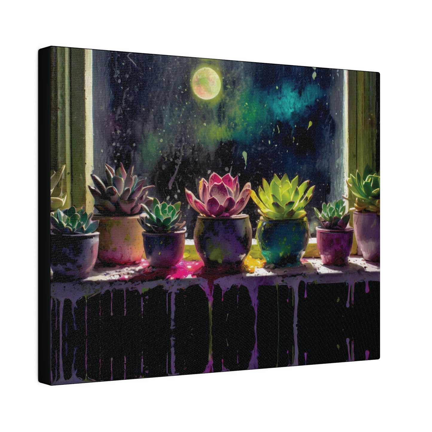 Succulents in Moonlight on Rainy Night Art Matte Canvas, Stretched, 10in x 8in