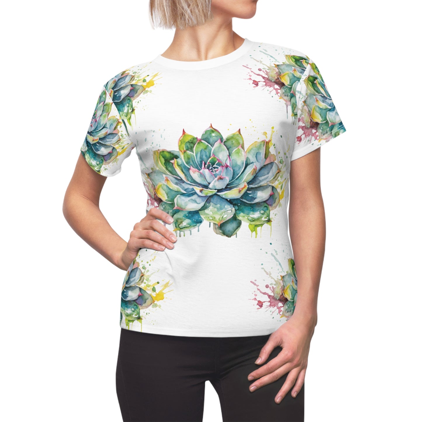 Watercolor Drip Art Echeveria Succulent Feminine Fit Tee