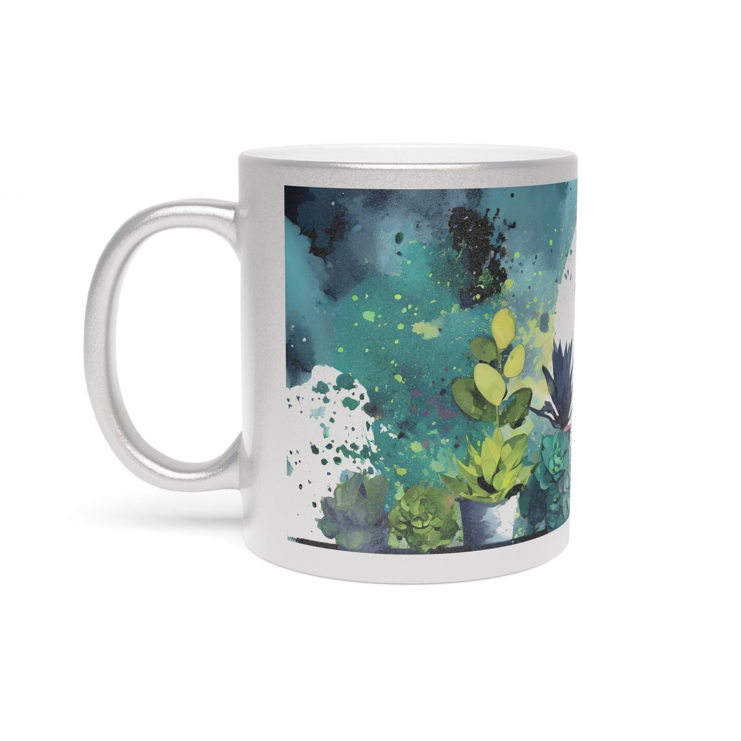 Paint Splatter Art Plants in Moonlight Metallic Mug 11oz Silver or Gold