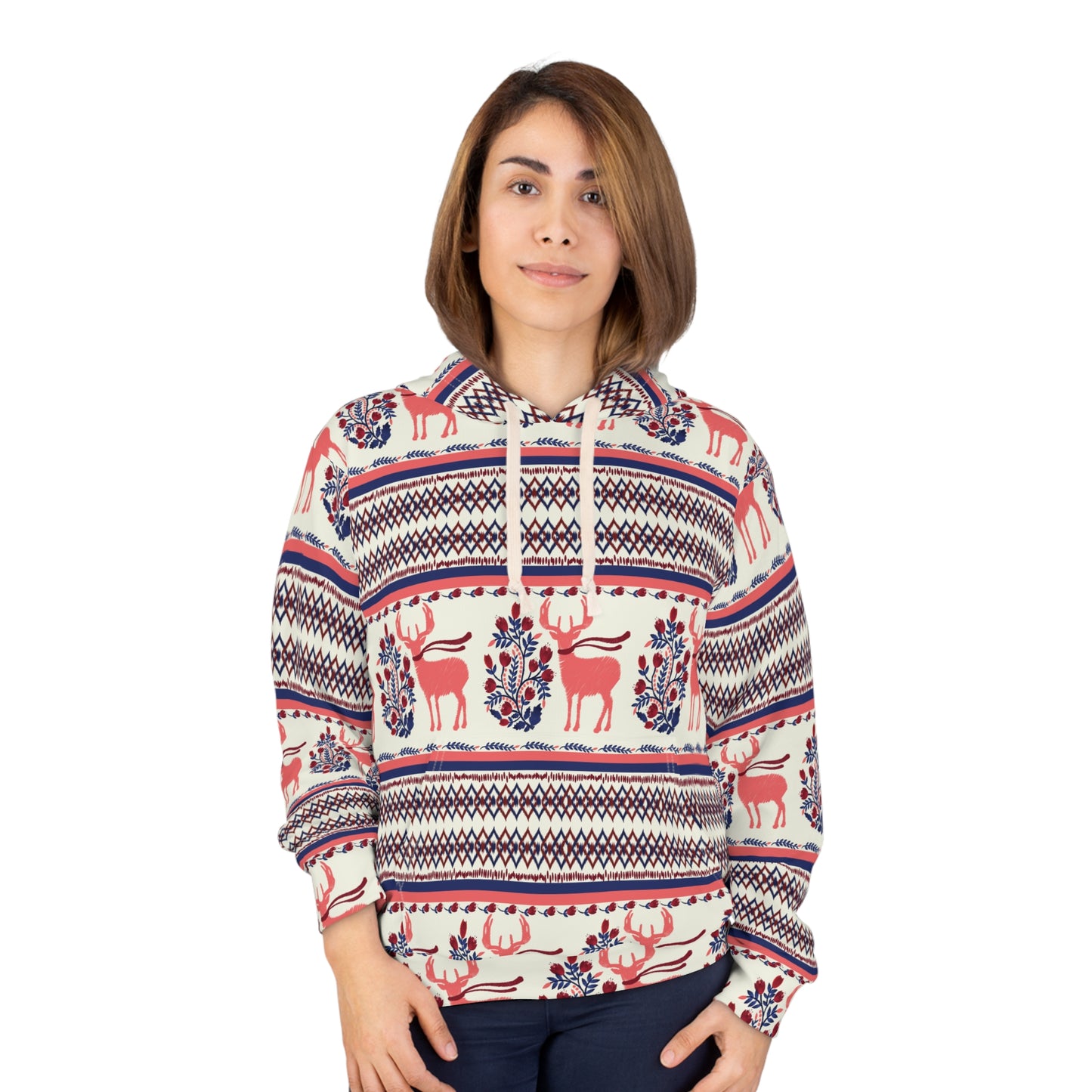 Winter Stag Sweater Patterned Hoodie, Stag with Scarf