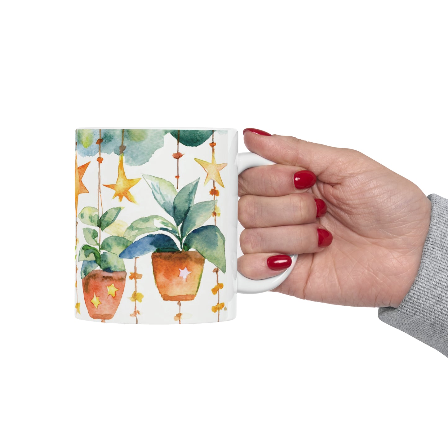 Hanging Plants and Stars Watercolor Ceramic Mug, 11oz