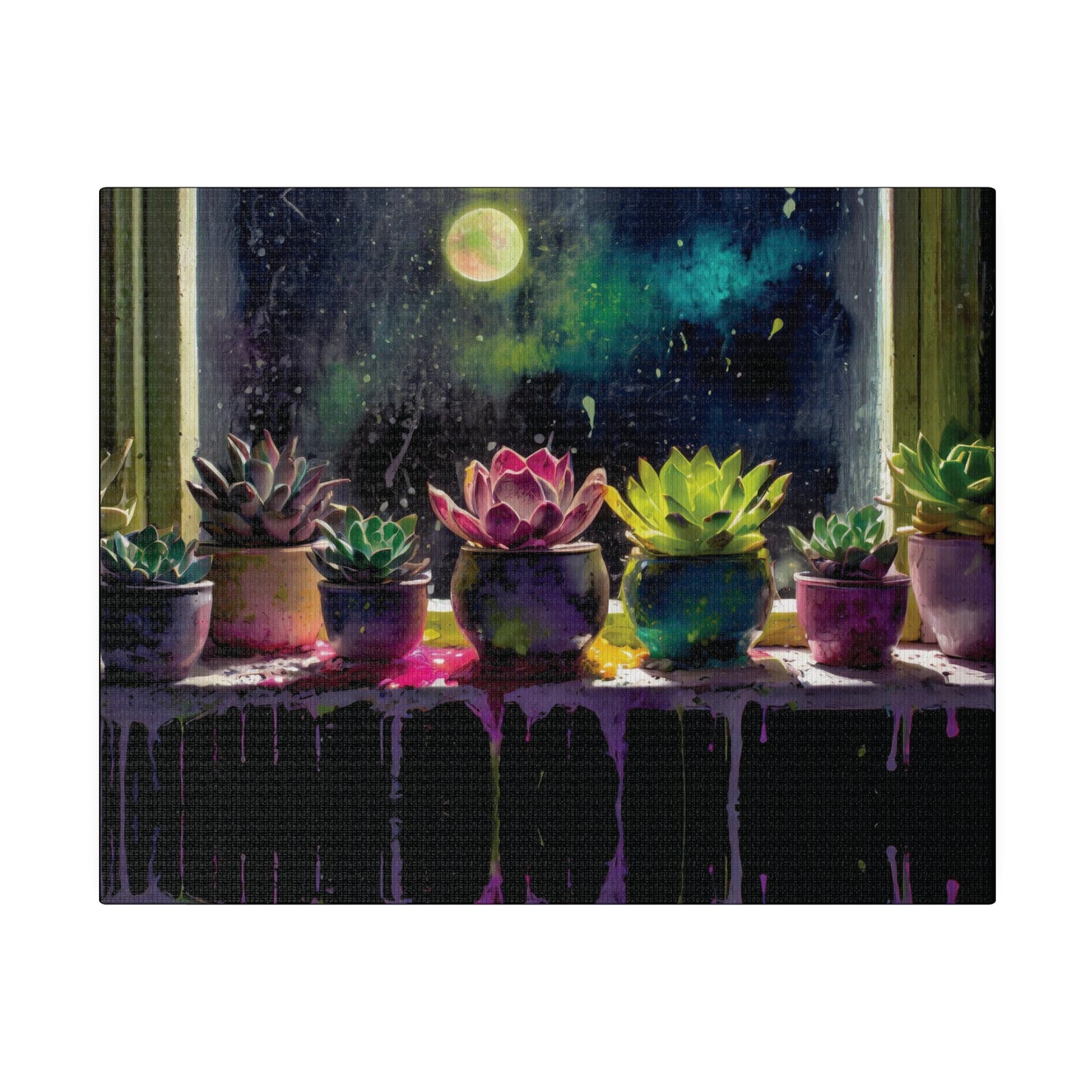 Succulents in Moonlight on Rainy Night Art Matte Canvas, Stretched, 10in x 8in