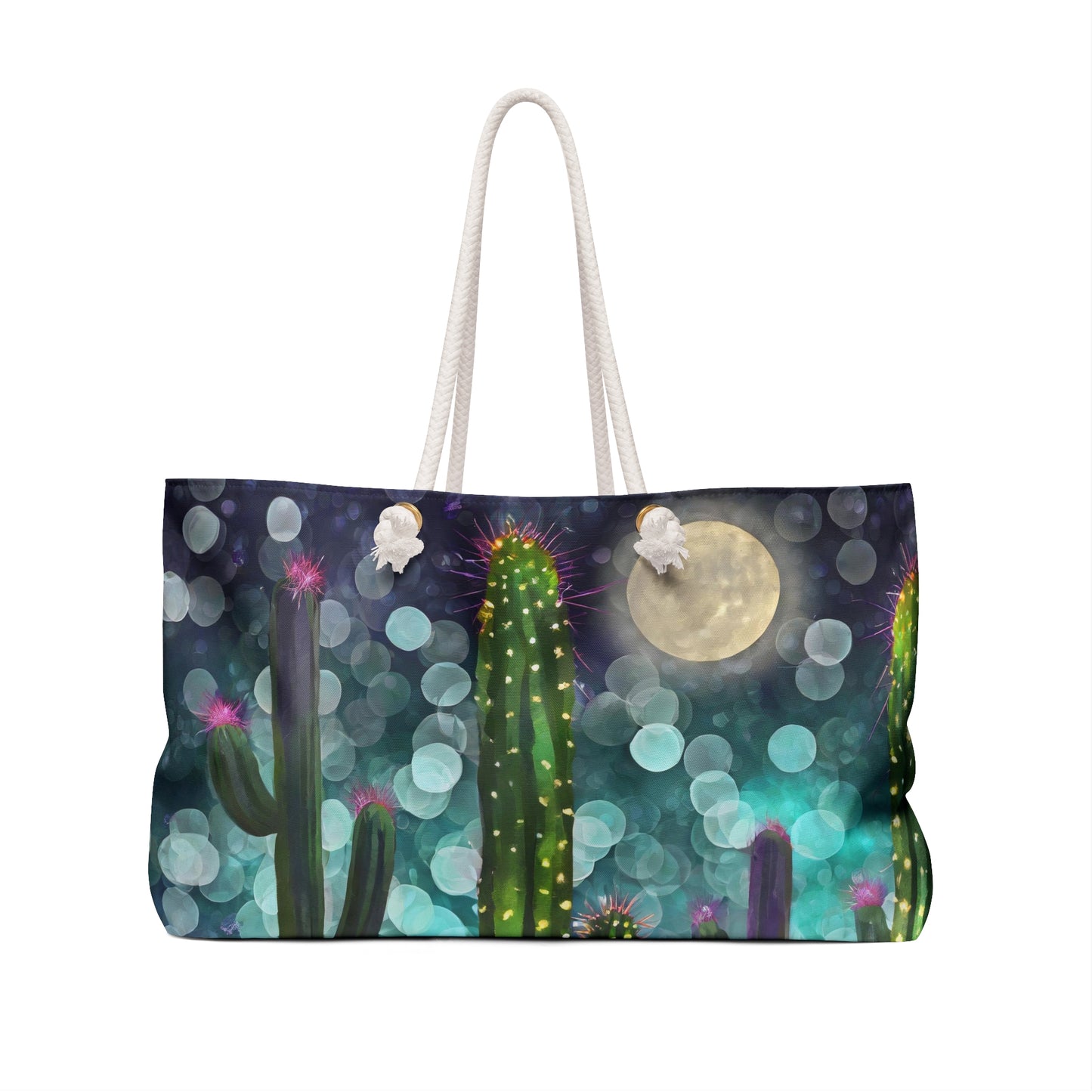 Midnight Cactus Full Moon Bokeh Stars Weekender Tote Bag Large