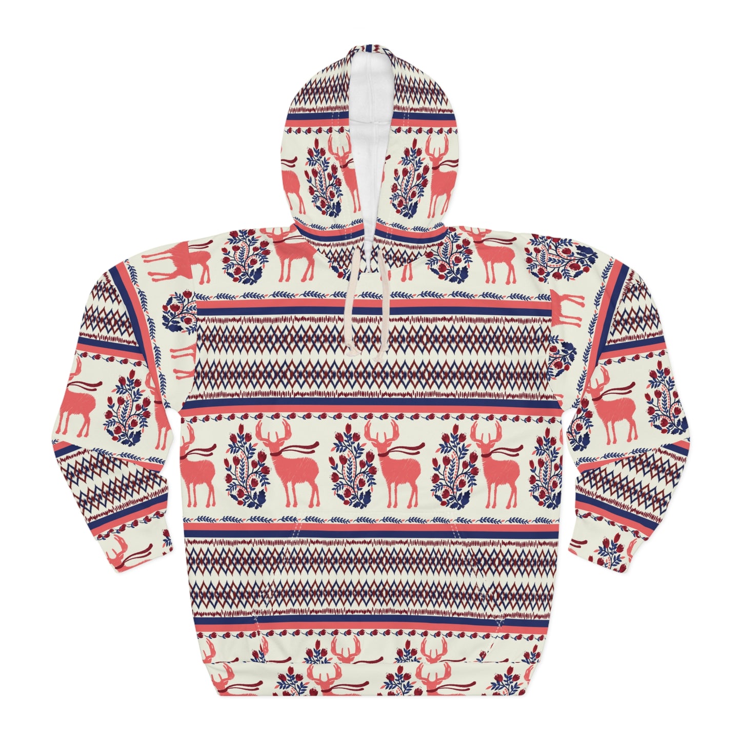 Winter Stag Sweater Patterned Hoodie, Stag with Scarf