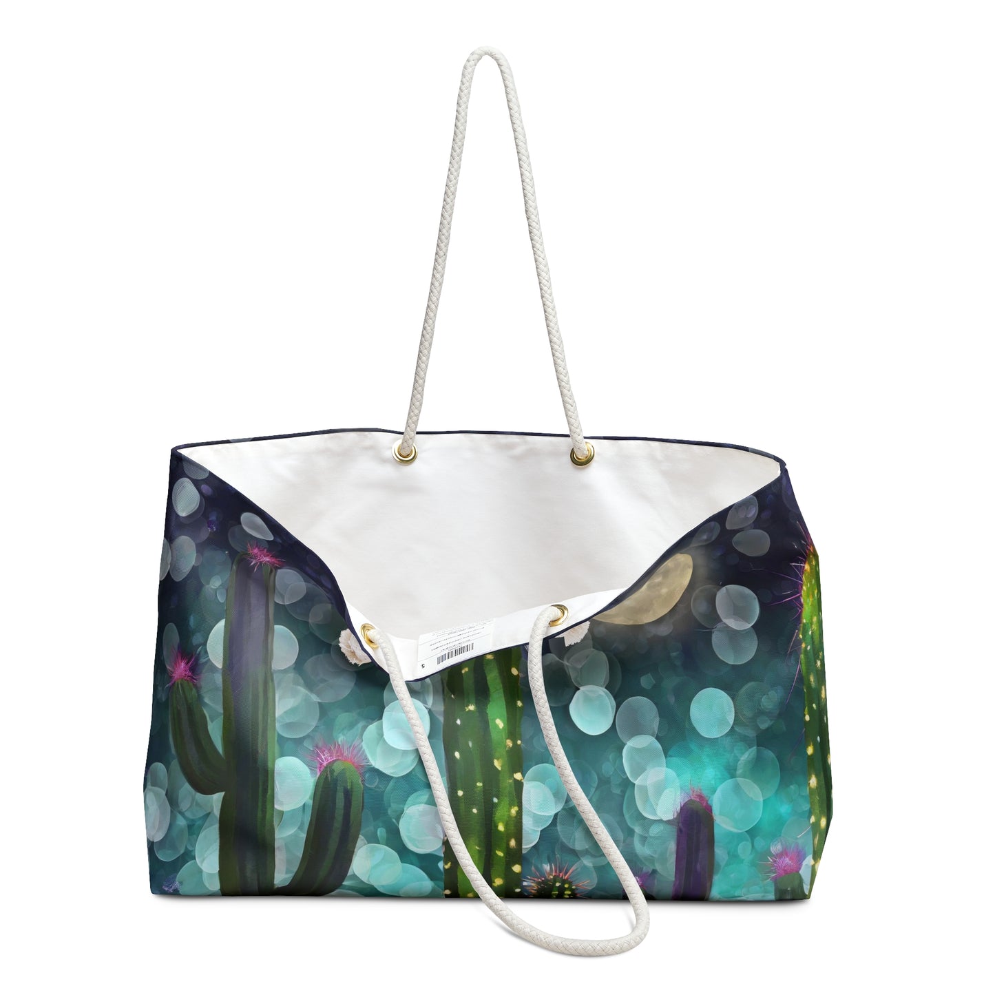 Midnight Cactus Full Moon Bokeh Stars Weekender Tote Bag Large