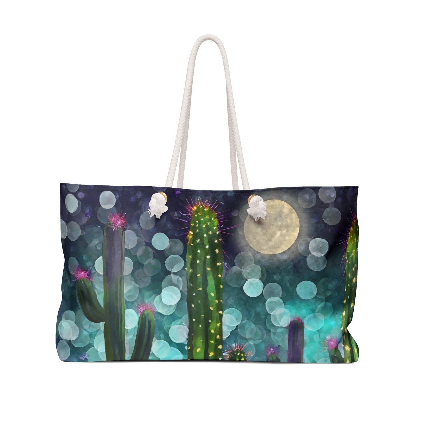 Midnight Cactus Full Moon Bokeh Stars Weekender Tote Bag Large